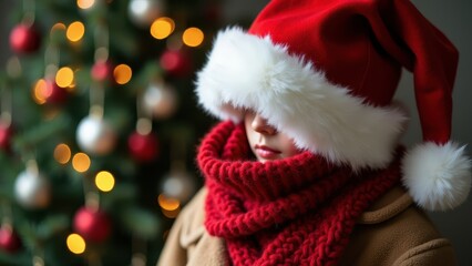 A child in a cozy red scarf and Santa hat stands near a Christmas tree adorned with glowing lights and baubles, capturing festive warmth and joy.