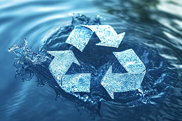 Obraz premium Recycling symbol made of water emerges from blue water surface, representing water conservation and environmental sustainability