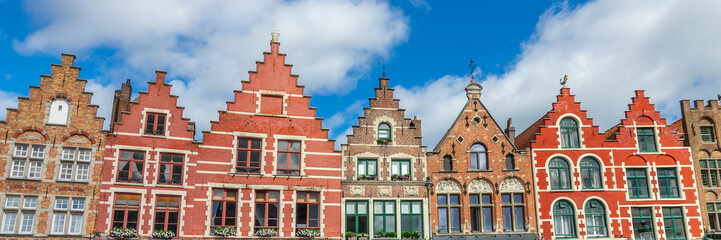 Panorama of colorful houses with stepped gables on Bruges Markt (Market Square), Bruges web banner, Belgium