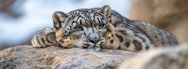 Obraz premium A close-up of a snow leopard resting on a rock, looking off to the side.