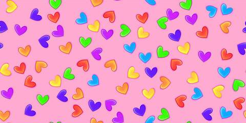 Pink glaze with rainbow heart shape sprinkles as a seamless pattern. Cute party bg with confetti. Ice cream and bakery topping. Holiday vector illustration