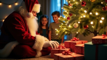 Santa Claus kneels by a festive Christmas tree, wrapping gifts. Two children watch in awe, surrounded by twinkling lights and presents.