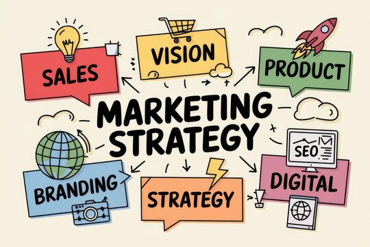 Marketing strategy connecting sales, vision, product, branding, strategy and digital