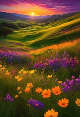Obraz premium scenic lush meadows adorned vibrant wildflowers golden sunset backdrop, landscape, nature, flora, field, blossom, bloom, greenery, sky, colors, twilight