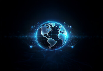 Fototapeta premium A glowing blue globe with a digital network surrounding it on a dark background.