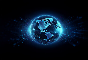 Fototapeta premium A glowing blue earth with a network of lines emanating outward against a black background.