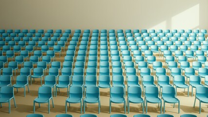 Fototapeta premium Awaiting the arrival of a diverse audience in a minimalist setting, each turquoise chair represents a unique perspective ready to be shared.