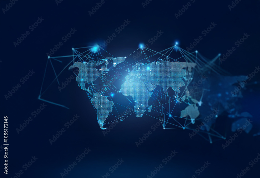 Wall mural a stylized world map composed of connected dots and lines, with glowing points of light.