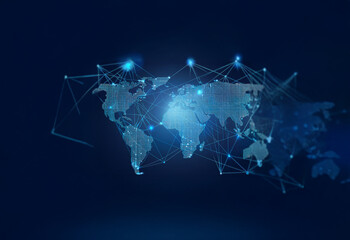 A stylized world map composed of connected dots and lines, with glowing points of light.