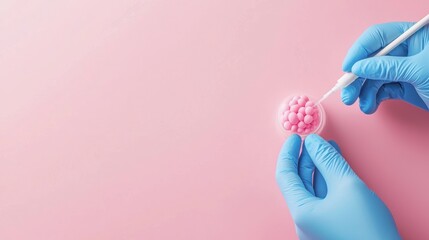 Oocyte Cryopreservation Procedure in Laboratory Setting Close-up of gloved hands handling oocytes in a petri dish with a pipette, symbolizing fertility preservation and reproductive technology