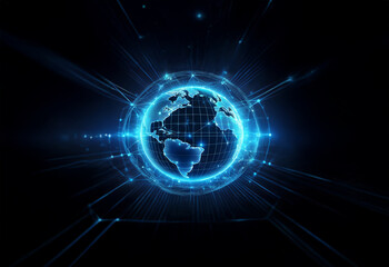 Fototapeta premium A glowing blue orb representing Earth, with gridlines and illuminated lines radiating outwards against a dark background.