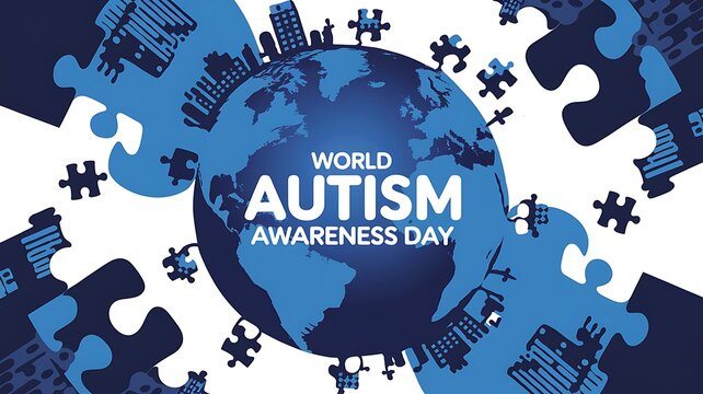 World Autism Awareness Day Illustrated with Earth, Puzzle Pieces, and City Skylines