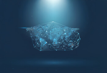 A glowing, polygonal world map floats against a dark blue background.