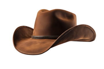 Rodeo horse rider; wild west culture; Americana and american country music concept theme with a brown leather cowboy hat isolated on white background with clip path cut out