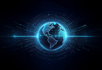 Obraz premium A glowing blue digital globe in a dark space with concentric circles and a bright light line.