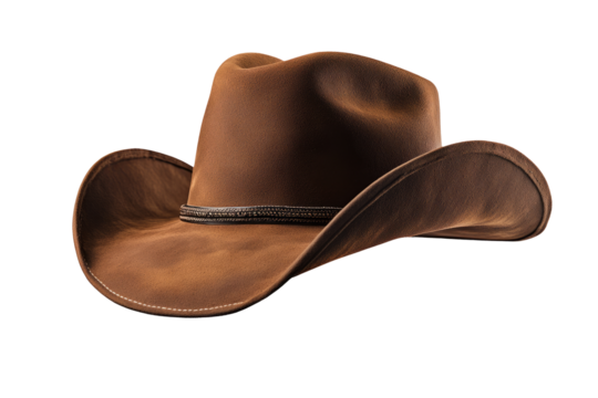 Rodeo horse rider; wild west culture; Americana and american country music concept theme with a brown leather cowboy hat isolated on white background with clip path cut out