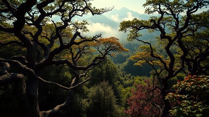 Naklejka premium A Majestic Canopy Reveals a Misty Mountain Vista, Where Lush Greens and Hints of Autumn Hues Blend Seamlessly