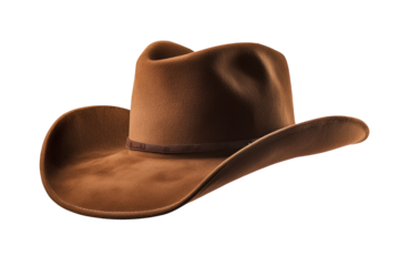 Rodeo horse rider; wild west culture; Americana and american country music concept theme with a brown leather cowboy hat isolated on white background with clip path cut out