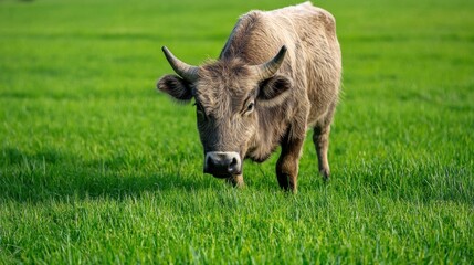 Fototapeta premium Cow Grazing on Green Grass in a Sunny Field