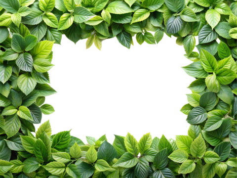 Vibrant lush green leaves forming a natural border around a clean white empty space perfect for text or design elements, evoking freshness and organic beauty for your projects.