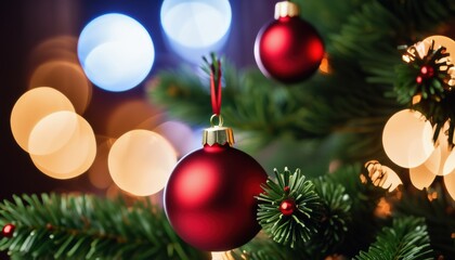 Fototapeta premium Close up christmas tree decorated with christmas balls