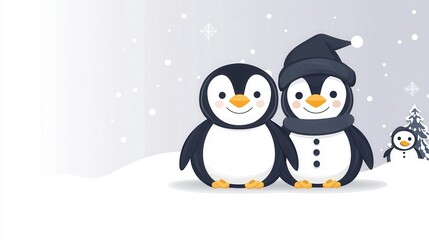 Obraz premium Two cute penguins wear winter attire, surrounded by snowflakes in a cheerful winter scene, perfect for holiday themes.