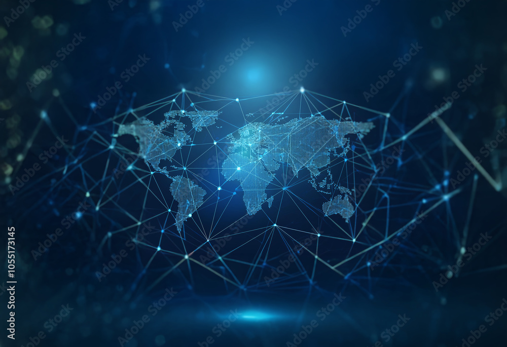 Poster a stylized world map is surrounded by a complex network of lines and dots, representing global conne