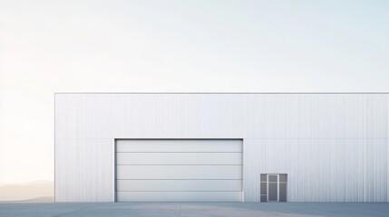 Obraz premium Modern Industrial Building: Minimalist architecture, clean lines, and a vast roll-up door define this contemporary warehouse or hangar.