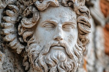 Fototapeta premium Ancient stone face of a bearded god, showing the wear of time and weathering
