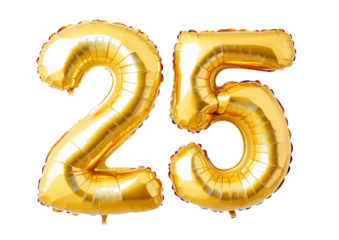Number 25 twenty five made of golden inflatable balloons isolated on white. Helium balloons; gold foil numbers. Party decoration; anniversary sign for holidays; celebration; birthday; carnival
