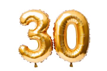 Number 30 thirty made of golden inflatable balloons isolated on white. Helium balloons; gold foil numbers. Party decoration; anniversary sign for holidays; celebration; birthday; carnival