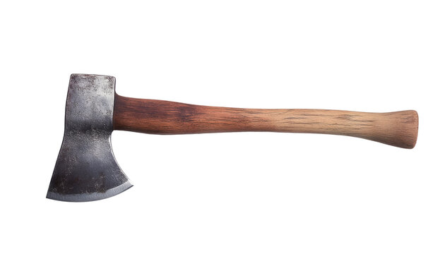 Old rust dirty dark gray axe with brown wooden handle isolated on white background with clipping path in png format
