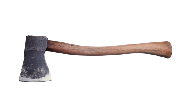 Old rust dirty dark gray axe with brown wooden handle isolated on white background with clipping path in png format
