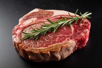 a fresh piece of meat, a large beef steak, with a sprig of rosemary