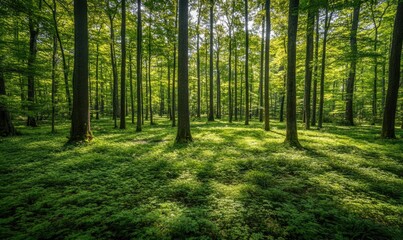Naklejka premium Sunbeams Through a Forest Canopy - Nature's Cathedral, Lush Green Undergrowth
