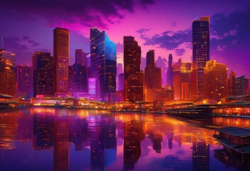 Obraz premium vibrant dusk cityscape featuring illuminated skylines colorful lights detailed buildings under twilight sky, illumination, urban, architecture, nightfall