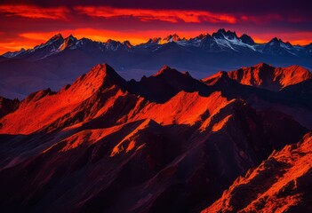 Naklejka premium stunning vibrant sunset illuminating mountain ridge silhouette vivid colors textures creating dramatic landscape view, sky, horizon, clouds, nature, light
