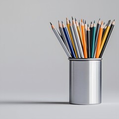 Assorted Pens in a Metal Holder on Grey Background
