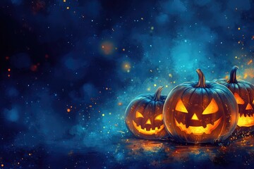 Halloween pumpkins glowing in the dark with blue background