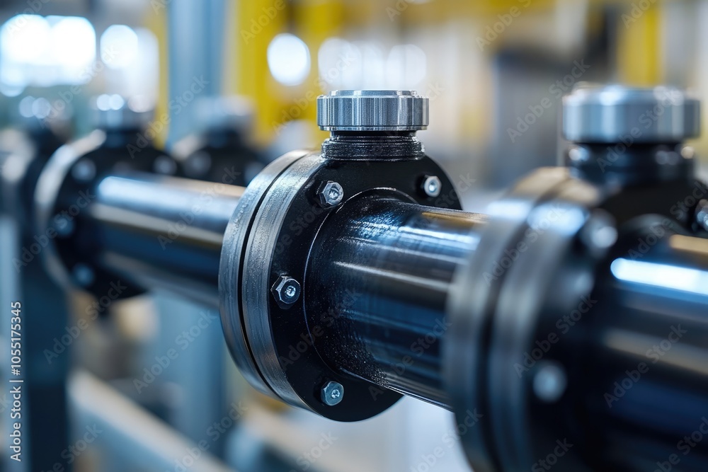 Poster Industrial pipeline system with flanges and valves connecting pipes in factory setting