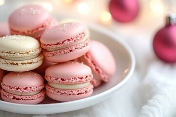 Obraz premium Pink and beige macarons celebrating christmas with sparkling sugar and blurred lights