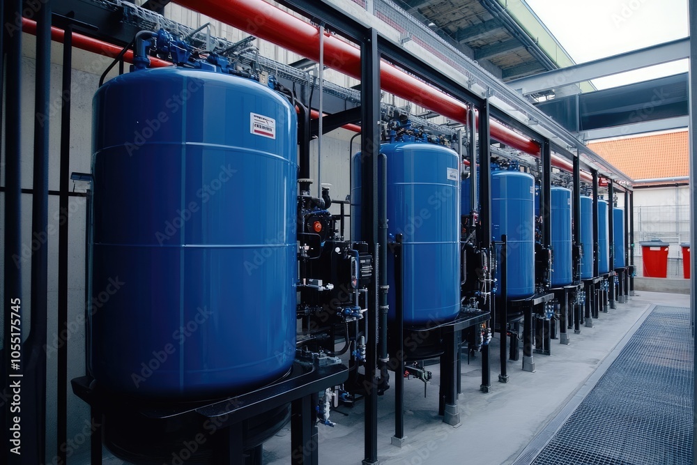 Poster industrial filtration system operating in modern factory setting