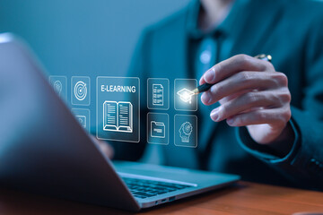 course education online, training digital on a laptop. learning icon, library on the internet website. concept lesson learning e-book. e-learning, webinar technology