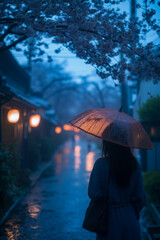 A woman in a blue dress holding an orange umbrella walks down a wet street at night
