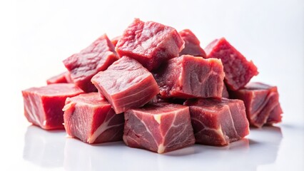 Double exposure shot of fresh diced beef fillet against a pristine white background, ideal for food photography, culinary artistry, and cooking inspiration. Captivating and vibrant.
