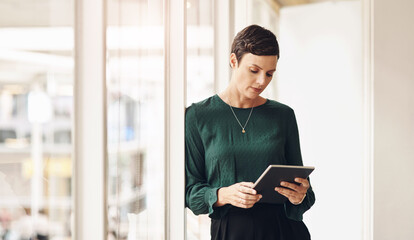 Woman, tablet and typing email in office, notification and journalist online for column quote....