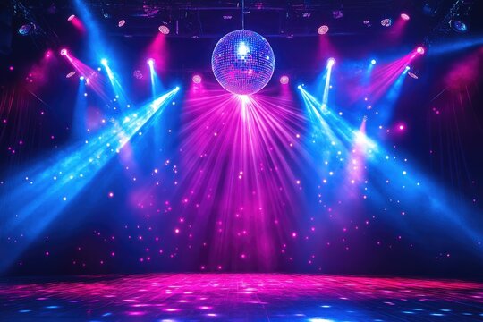 Disco ball hanging over empty stage illuminated by blue and pink lights