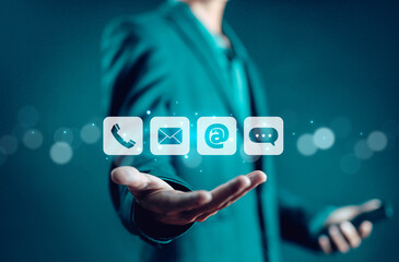 hand show the icon ( address, phone, email, call ) to contact customer support. help from mail websites digital technology of business contact service. contact us concept.