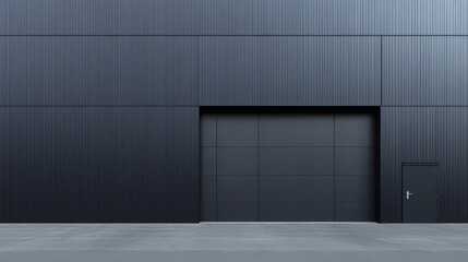 Industrial Minimalism: A sleek, modern facade of a warehouse or industrial building, featuring a large, imposing door and a smaller pedestrian entrance. The image evokes a sense of strength. - Powered by Adobe