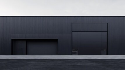 Fototapeta premium Modern Industrial Facade: A sleek and minimalist black warehouse exterior with two large garage doors. The building's modern design, with its clean lines and simple geometry.